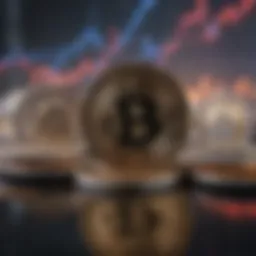 An abstract representation of cryptocurrency trading with charts and coins.