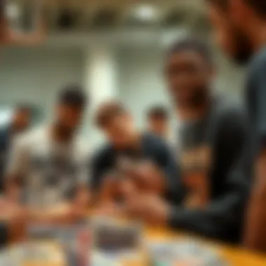 A diverse group of collectors engaging with digital cards