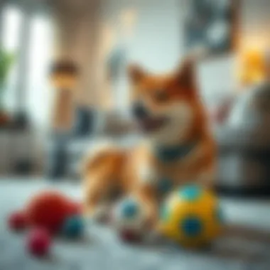 Shiba Inu playing with toys in a living room