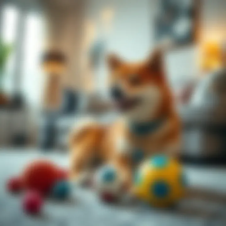 Shiba Inu playing with toys in a living room