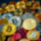 An abstract representation of various cryptocurrency coins