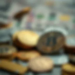 Conceptual representation of fiat currency in contrast to gold and silver coins.