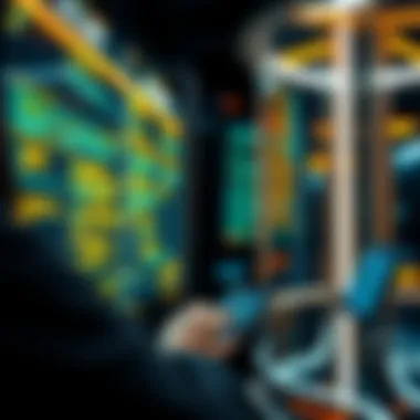 A futuristic interface displaying coding and virtual interactions